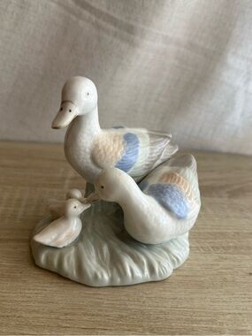 Porcelain Duck Family Figurine in Pastel Blue and Cream - Geese